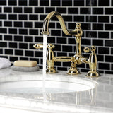 Restoration Two-Handle 3-Hole Deck Mount Bridge Bathroom Faucet with Brass Pop-Up