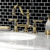 Restoration Two-Handle 3-Hole Deck Mount Bridge Bathroom Faucet with Brass Pop-Up