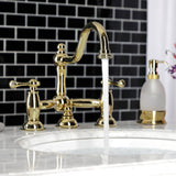 Restoration Two-Handle 3-Hole Deck Mount Bridge Bathroom Faucet with Brass Pop-Up