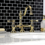 Restoration Two-Handle 3-Hole Deck Mount Bridge Bathroom Faucet with Brass Pop-Up