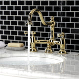 Restoration Two-Handle 3-Hole Deck Mount Bridge Bathroom Faucet with Brass Pop-Up