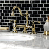 Restoration Two-Handle 3-Hole Deck Mount Bridge Bathroom Faucet with Brass Pop-Up