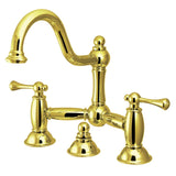 Restoration Two-Handle 3-Hole Deck Mount Bridge Bathroom Faucet with Brass Pop-Up