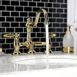 Restoration Two-Handle 3-Hole Deck Mount Bridge Bathroom Faucet with Brass Pop-Up