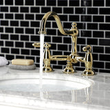 Restoration Two-Handle 3-Hole Deck Mount Bridge Bathroom Faucet with Brass Pop-Up