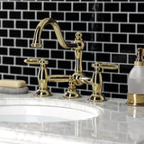 Restoration Two-Handle 3-Hole Deck Mount Bridge Bathroom Faucet with Brass Pop-Up