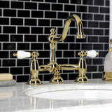 Restoration Two-Handle 3-Hole Deck Mount Bridge Bathroom Faucet with Brass Pop-Up