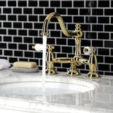 Restoration Two-Handle 3-Hole Deck Mount Bridge Bathroom Faucet with Brass Pop-Up