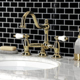 Restoration Two-Handle 3-Hole Deck Mount Bridge Bathroom Faucet with Brass Pop-Up