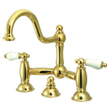 Restoration Two-Handle 3-Hole Deck Mount Bridge Bathroom Faucet with Brass Pop-Up