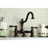 Restoration Two-Handle 3-Hole Deck Mount Bridge Bathroom Faucet with Brass Pop-Up