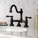 Restoration Two-Handle 3-Hole Deck Mount Bridge Bathroom Faucet with Brass Pop-Up