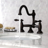 Restoration Two-Handle 3-Hole Deck Mount Bridge Bathroom Faucet with Brass Pop-Up