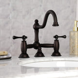 Restoration Two-Handle 3-Hole Deck Mount Bridge Bathroom Faucet with Brass Pop-Up