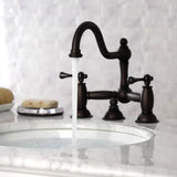 Restoration Two-Handle 3-Hole Deck Mount Bridge Bathroom Faucet with Brass Pop-Up