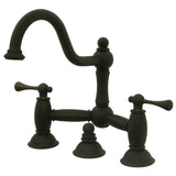 Restoration Two-Handle 3-Hole Deck Mount Bridge Bathroom Faucet with Brass Pop-Up