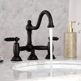 Restoration Two-Handle 3-Hole Deck Mount Bridge Bathroom Faucet with Brass Pop-Up