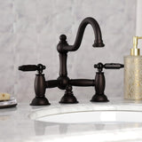 Restoration Two-Handle 3-Hole Deck Mount Bridge Bathroom Faucet with Brass Pop-Up