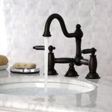 Restoration Two-Handle 3-Hole Deck Mount Bridge Bathroom Faucet with Brass Pop-Up