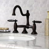 Restoration Two-Handle 3-Hole Deck Mount Bridge Bathroom Faucet with Brass Pop-Up