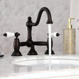 Restoration Two-Handle 3-Hole Deck Mount Bridge Bathroom Faucet with Brass Pop-Up