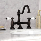 Restoration Two-Handle 3-Hole Deck Mount Bridge Bathroom Faucet with Brass Pop-Up