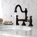 Restoration Two-Handle 3-Hole Deck Mount Bridge Bathroom Faucet with Brass Pop-Up