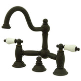 Restoration Two-Handle 3-Hole Deck Mount Bridge Bathroom Faucet with Brass Pop-Up