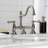 Restoration Two-Handle 3-Hole Deck Mount Bridge Bathroom Faucet with Brass Pop-Up