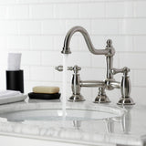 Restoration Two-Handle 3-Hole Deck Mount Bridge Bathroom Faucet with Brass Pop-Up