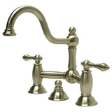 Restoration Two-Handle 3-Hole Deck Mount Bridge Bathroom Faucet with Brass Pop-Up