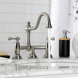 Restoration Two-Handle 3-Hole Deck Mount Bridge Bathroom Faucet with Brass Pop-Up