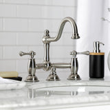 Restoration Two-Handle 3-Hole Deck Mount Bridge Bathroom Faucet with Brass Pop-Up