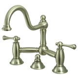 Restoration Two-Handle 3-Hole Deck Mount Bridge Bathroom Faucet with Brass Pop-Up