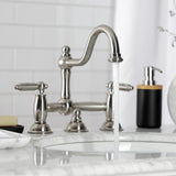 Restoration Two-Handle 3-Hole Deck Mount Bridge Bathroom Faucet with Brass Pop-Up