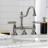 Restoration Two-Handle 3-Hole Deck Mount Bridge Bathroom Faucet with Brass Pop-Up