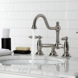 Restoration Two-Handle 3-Hole Deck Mount Bridge Bathroom Faucet with Brass Pop-Up