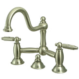 Restoration Two-Handle 3-Hole Deck Mount Bridge Bathroom Faucet with Brass Pop-Up