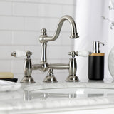 Restoration Two-Handle 3-Hole Deck Mount Bridge Bathroom Faucet with Brass Pop-Up