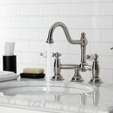 Restoration Two-Handle 3-Hole Deck Mount Bridge Bathroom Faucet with Brass Pop-Up