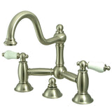 Restoration Two-Handle 3-Hole Deck Mount Bridge Bathroom Faucet with Brass Pop-Up