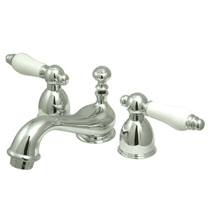 Restoration Two-Handle 3-Hole Deck Mount Mini-Widespread Bathroom Faucet with Brass Pop-Up