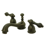 Restoration Two-Handle 3-Hole Deck Mount Mini-Widespread Bathroom Faucet with Brass Pop-Up