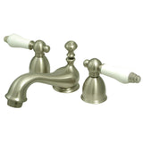 Restoration Two-Handle 3-Hole Deck Mount Mini-Widespread Bathroom Faucet with Brass Pop-Up