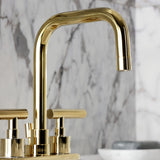 Manhattan Double-Handle 3-Hole Deck Mount 4-Inch Centerset Bathroom Faucet with Brass Pop-Up