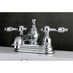 Tudor Double-Handle 3-Hole Deck Mount 4-Inch Centerset Bathroom Faucet with Brass Pop-Up