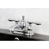 Tudor Double-Handle 3-Hole Deck Mount 4-Inch Centerset Bathroom Faucet with Brass Pop-Up