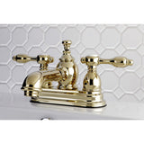 Tudor Double-Handle 3-Hole Deck Mount 4-Inch Centerset Bathroom Faucet with Brass Pop-Up