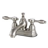 Tudor Double-Handle 3-Hole Deck Mount 4-Inch Centerset Bathroom Faucet with Brass Pop-Up