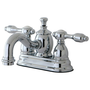 Tudor Double-Handle 3-Hole Deck Mount 4-Inch Centerset Bathroom Faucet with Brass Pop-Up